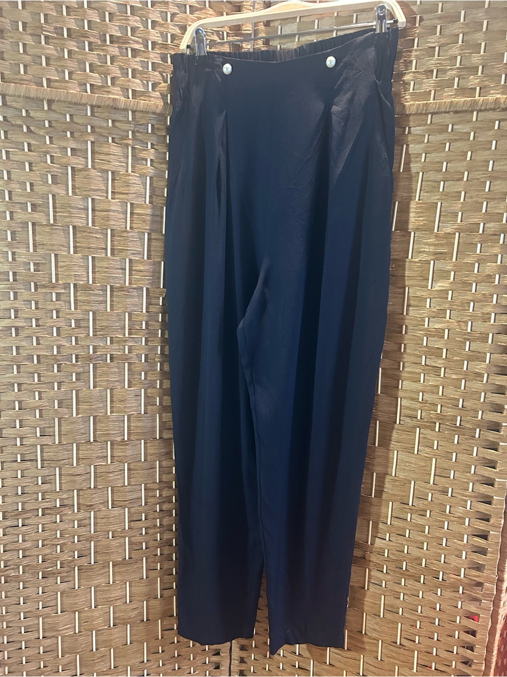 Vintage Black Pleated Trousers Pearl Button High Waist Tapered Pants Size 12